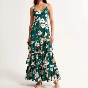 A&F Drama Ruffle Tiered Maxi Dress in Green Floral Sz M Like New